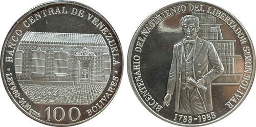 Venezuela 100 Bolívares Conmemorativa 'Bicentenario del Natalicio de Simón Bolívar' | 1983 Plata .900 • 31.1g • ø 35mm Estado: Proof  Y# 58