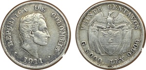 Colombia 20 Centavos | 1911 Plata .900 • 5g  ⌀  23.4mm KM # 197